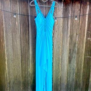 Elegant Sky blue formal gown with embellished straps. Size 4.